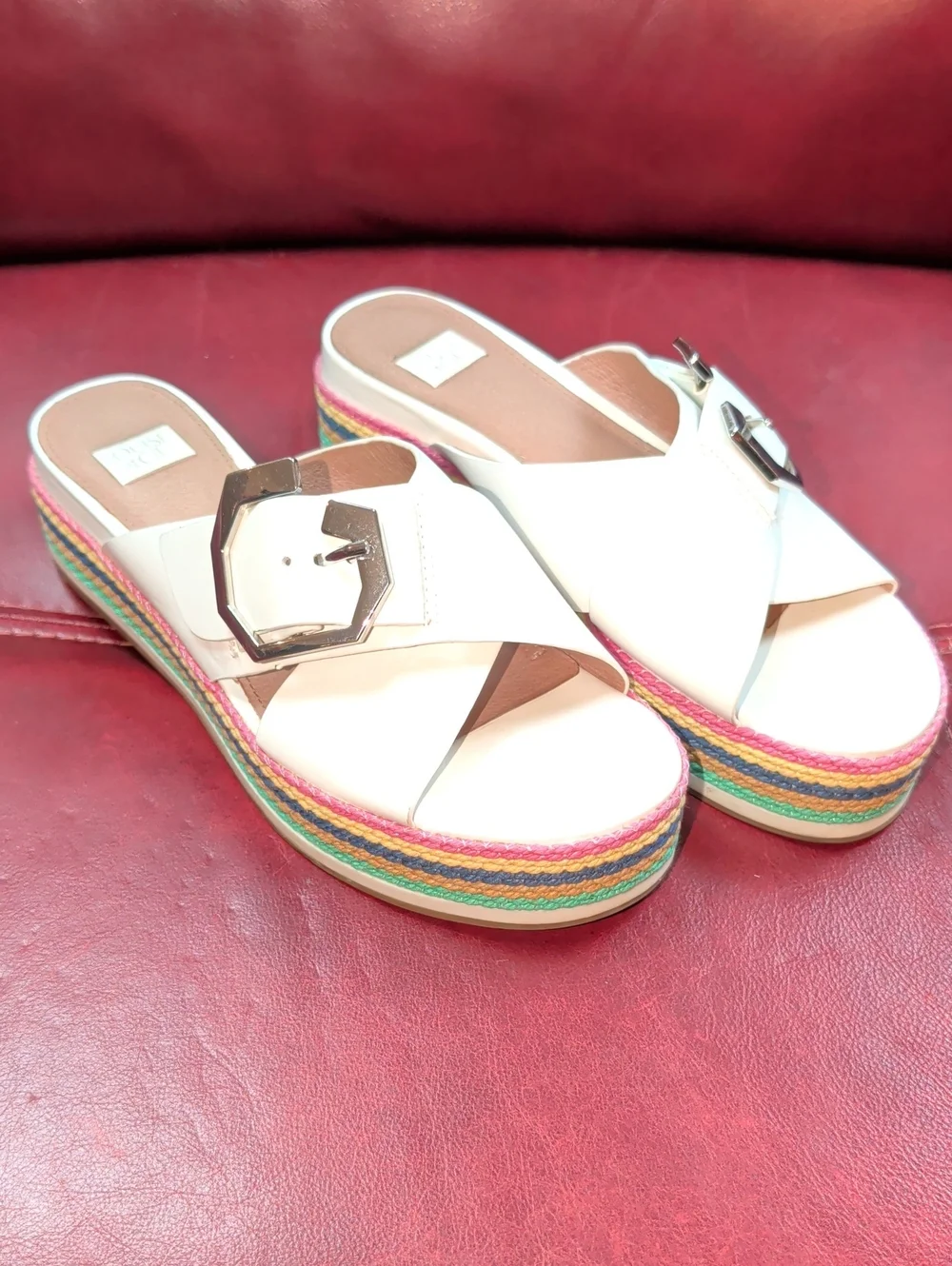 Louise et Cie White Leather Platform Slide Sandals with Rainbow 6.5